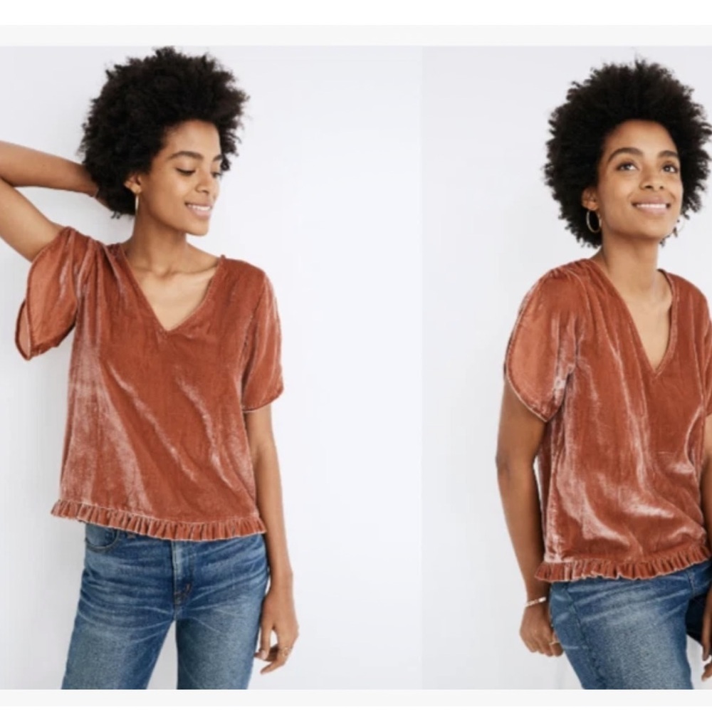 Madewell Sz S Velvet Tulip Sleeve Ruffle Boho Western Festival Look Top Red